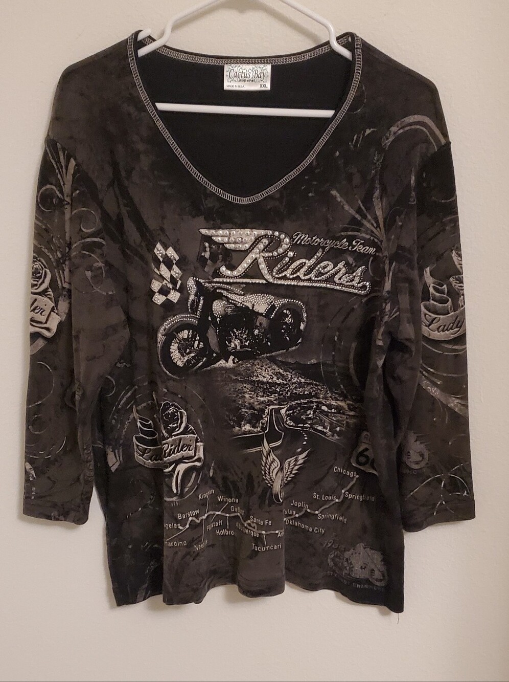 Cactus Bay Embellished Black Lady Rider Motorcycle Biker Graphic Top Size 2X Y2K